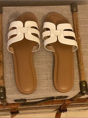 White Cutout Slide Sandals with Tan Footbed